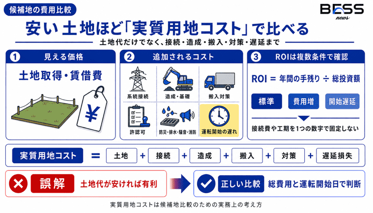 安い土地ほど『実質用地コスト』で比べる　土地代だけでなく、接続・造成・搬入・対策・遅延まで