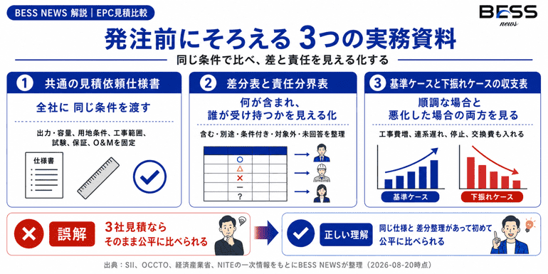 発注前にそろえる3つの実務資料　同じ条件で比べ、差と責任を見える化する