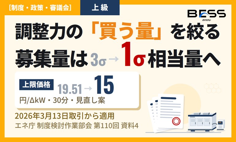 需給調整市場2026年度の複合市場見直し ― 募集量1σ化・上限価格15円への引下げと系統用蓄電池の参入余地 サムネイル