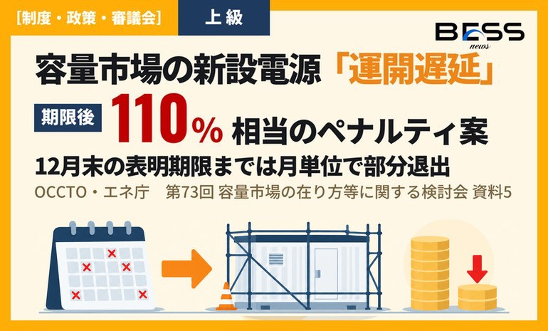 容量市場で落札した新設電源の「運開遅延」に新ルール案。表明期限までは月単位の部分退出、期限後は契約金額の110％相当のペナルティ サムネイル