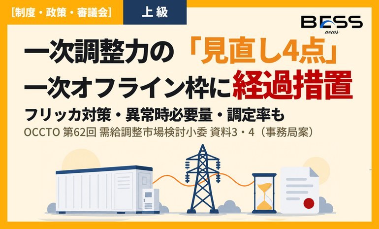 蓄電池の一次オフライン枠に経過措置の事務局案。フリッカ対策・異常時必要量・調定率とあわせ、一次調整力の見直し4点が第62回需給調整市場検討小委に サムネイル