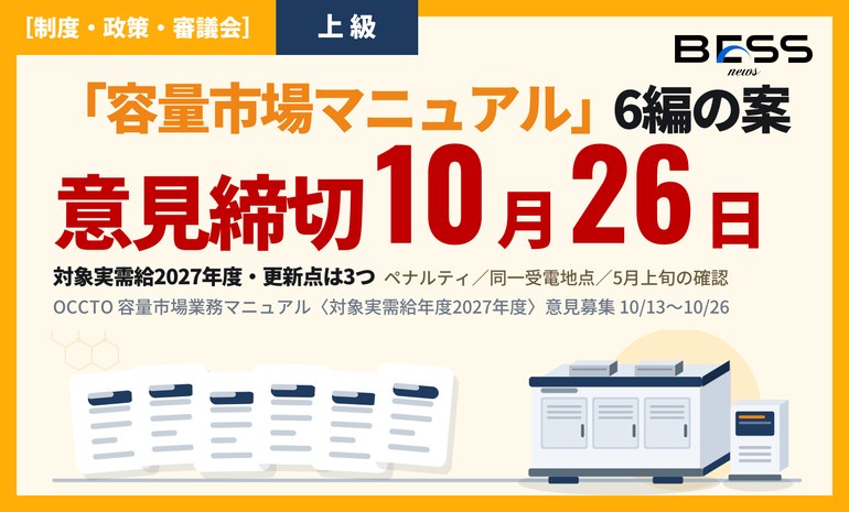OCCTOが容量市場の業務マニュアル6編（実需給期間中のリクワイアメント4編・ペナルティ／容量確保契約金額編・容量拠出金編、対象実需給年度2027年度）の意見募集を開始（10/13〜10/26）。調整不調ペナルティは契約変更せず金額相当を請求、同一受電地点にメインと長期脱炭素の契約が混在する場合の扱いを追記、5月上旬のアセスメント対象容量の確認を新設 サムネイル