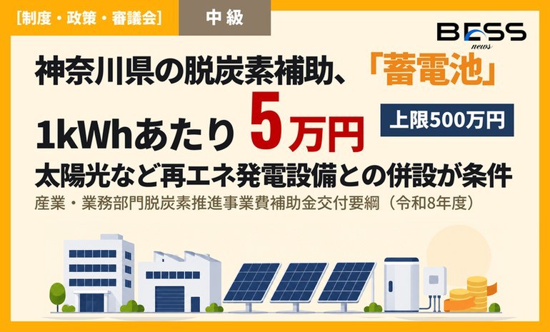 神奈川県の脱炭素補助金、蓄電池は1kWhあたり5万円・上限500万円。VPP枠の対象は制御機器で、申請者は県が選んだ事業者 サムネイル