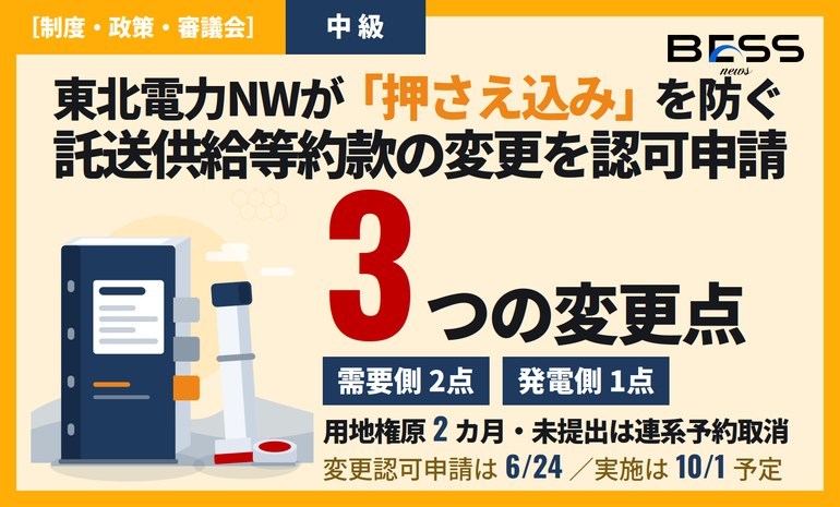 東北電力NWが託送約款変更を認可申請 ― 非FIT/非FIP電源に「用地権原2カ月以内」要件・未提出は連系予約取消 サムネイル