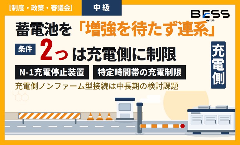 系統用蓄電池に「早期連系追加対策」 ― 充電停止装置と特定時間帯の充電制限に同意すれば系統増強を待たず連系できる サムネイル
