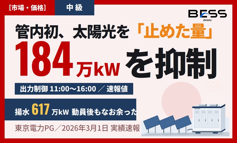 東京電力PG管内初の再エネ出力制御 実績速報 ― 制御量184万kW、揚水617万kW動員後もなお余った昼 サムネイル