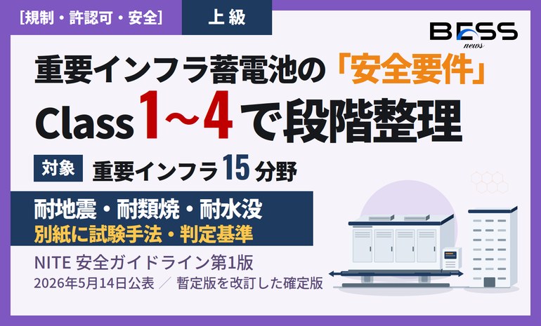 NITE「公共調達・重要インフラ向け蓄電池システムの安全ガイドライン」第1版 ― 耐地震・耐類焼・耐水没の要件と試験手法 サムネイル