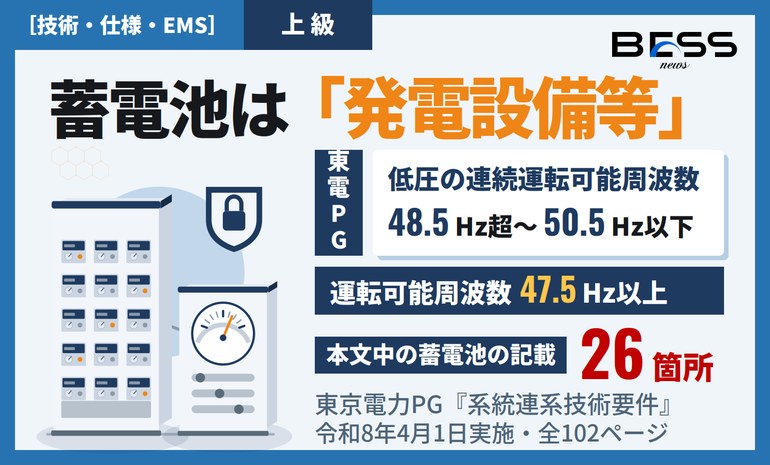 東京電力PG『系統連系技術要件【託送供給等約款別冊】』2026年4月1日実施版 ― 蓄電池を発電設備等とする連系の技術要件 サムネイル