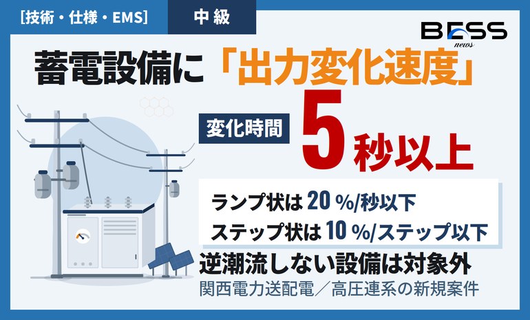 高圧連系の蓄電設備に出力変化速度5秒以上 ― 関西電力送配電が求めるランプ20%/秒以下・ステップ10%/ステップ以下 サムネイル