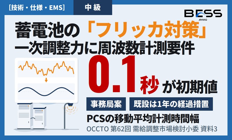 蓄電池のフリッカ対策で一次調整力に周波数計測要件 ― PCSの移動平均計測時間幅は初期値0.1秒、既設は1年の経過措置 サムネイル